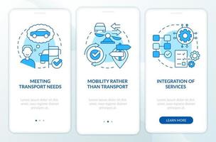 MaaS concept components blue onboarding mobile app screen. Transport walkthrough 3 steps editable graphic instructions with linear concepts. UI, UX, GUI template. vector