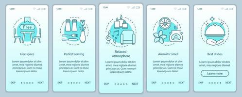 plantilla de vector de pantalla de página de aplicación móvil de incorporación de servicio de alimentos. Industria del catering. reserva de restaurante. paso a paso del sitio web con ilustraciones lineales. ux, ui, concepto de interfaz de teléfono inteligente gui