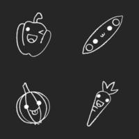 vegetales lindos personajes de tiza kawaii conjunto. guisante, cebolla, zanahoria con caras sonrientes. guiño pimentón. emoji divertido, emoticono, sonrisa. ilustración de pizarra aislada vectorial vector