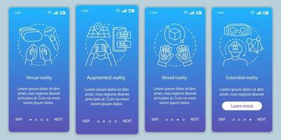 Extended reality onboarding mobile app page screen with linear concept. Virtual, augmented, mixed realities walkthrough steps graphic instructions. UX, UI, GUI vector template with illustrations