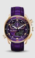 Realistic watch clock gold purple leather strap on grey design classic luxury vector