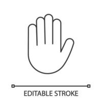 Raised hand linear icon. Thin line illustration. High five emoji. Stop hand gesture. Palm. Contour symbol. Vector isolated outline drawing. Editable stroke