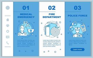 plantilla de vector de pantalla de página de aplicación de servicios de emergencia. cumplimiento de la ley. sitio web de emergencia médica, bomberos, departamento de policía con ilustraciones lineales. ux, ui, concepto de interfaz de teléfono inteligente gui