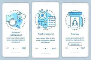 Startup testing onboarding mobile app page screen with linear concepts. Product test. MVP, POC, prototype walkthrough steps graphic instructions. UX, UI, GUI vector template with illustrations