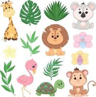 Set of safari animals, jungle and tropical plants vector