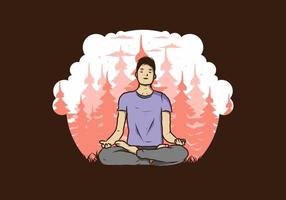 illustration of a someone doing yoga and meditating outdoors in a forest in nature among pine trees vector