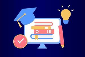 Modern Online Education for banner website. Page template flat vector illustration of e-learning, internet course, application learning, university studies, classroom, tutorial, library on computer.