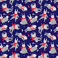 Seamless pattern with rabbits in the starry sky vector