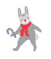 Funny cartoon rabbit in red scarf with candy cane. Christmas holidays. Vector illustration