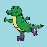 Cute Crocodile Playing Roller Skate Cartoon Vector Icon Illustration. Animal Sport Icon Concept Isolated Premium Vector.