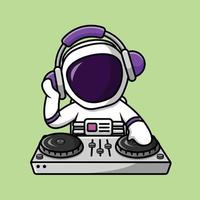 lindo astronauta tocando música de dj con ilustración de icono de vector de dibujos animados de auriculares. ciencia tecnología icono concepto aislado vector premium.