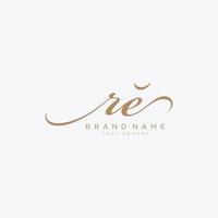 Letter R and E, RE gold Initial handwriting design logo template. vector