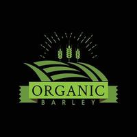 an emblem logo for organic farming product or company depicting a barley field in green color on dark background