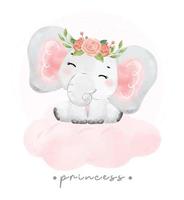 cute baby pink elephant sitting on soft cloud cartoon watercolor hand drawn illustration vector