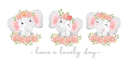 group of three cute sweet baby elephant pink girl adorable smile sitting on flowers bouquets, watercolor animal nursery cartoon han drawn illustration vector