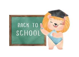 cute watercolor graduated lion with book, pencil and chalkboard cartoon animal watercolor vector