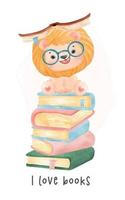 cute watercolor happy nerdy kid lions sitting on stacked of books, I love books, back to school cartoon animal watercolor vector