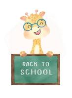 cute watercolor happy nerdy kid giraffe with chalkboard, back to school cartoon animal wildlife watercolor vector