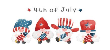 four of 4th of July Gnome Patriotic holding firework America Independence day cartoon watercolor illustration vector