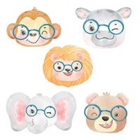 cute watercolor wildlife animal wearing eyeglasses, nerdy woodland lion, monkey, bear, hippo, elephant nursery hand drawn illustration vector