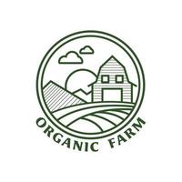 this image is a logotype emblem that depicts a scenery of a farm with a barn house and farm field that can be used as a label logo for organic farm product