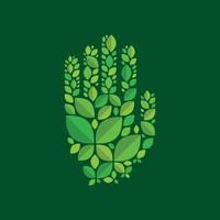 this picture is a logotype image that depicts small green leaves forming a shape of hand for nature and ecology related project logo
