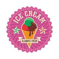 this image is an emblem logo for ice cream shop in round shape in fun colorful style depicting an ice cream cone with three scoop of ice cream vector