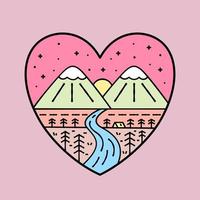 naturaleza montaña y río en forma de amor. diseño para camisetas, cosas para niños, pegatinas, etc. vector