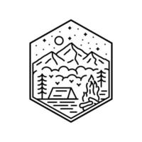 bonfire and campfire wilderness in mono line art, badge, emblem, T-shirt vector, Tee Design vector