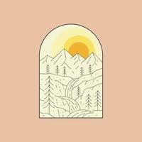 view of mountains and terraced waterfall in mono line art, patch badge design, emblem design, T-Shirt Design vector