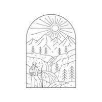 caminatas, hombre de campamento e ilustración de cascada de montaña en arte de línea mono, diseño de placa de parche, diseño de emblema, diseño de camiseta vector