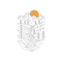 view of mountains and terraced waterfall in mono line art, patch badge design, emblem design, T-Shirt Design vector