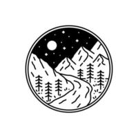 design of mountains and streams or lakes in mono line art, badge, emblem, T-shirt vector, Tee Design vector