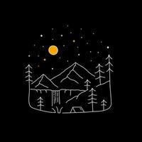 Mono line vector design of natural scenery in the form of campgrounds, waterfalls and mountains