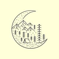 camping design vector. wildlife nature vector. crescent moon vector. in mono line art vector