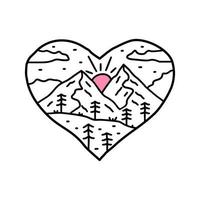 Mono line of nature mountain and river in love shape. design for t-shirt, badge, sticker etc vector