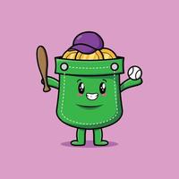 personaje de bolsillo de dibujos animados lindo jugando béisbol vector