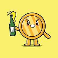 lindo personaje de dibujos animados moneda de oro con botella de refresco vector