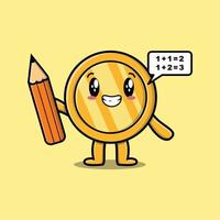 Gold coin cute cartoon clever student with pencil vector