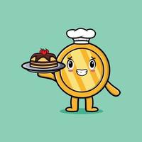 Cute Cartoon chef gold coin serving cake on tray vector