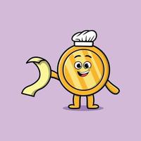 Cute cartoon gold coin chef with menu in hand vector