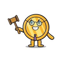 Cute cartoon wise judge gold coin holding a hammer vector
