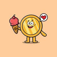 Cute Cartoon gold coin holding ice cream cone vector