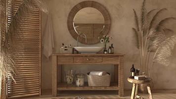 Boho scandinavian style in home interior background. Beige bathroom with natural wooden furniture. 3d render illustration 4K video animation scene.