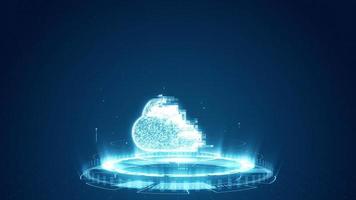gráfico de movimento do logotipo da nuvem digital azul com rotação do círculo de tecnologia futurista e partícula de levitação em fundo abstrato video