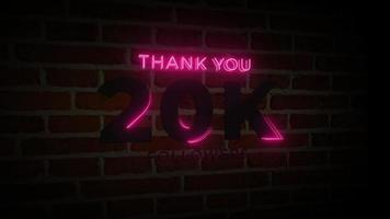 obrigado 20k seguidores sinal de brilho de néon realista na animação da parede de tijolos video