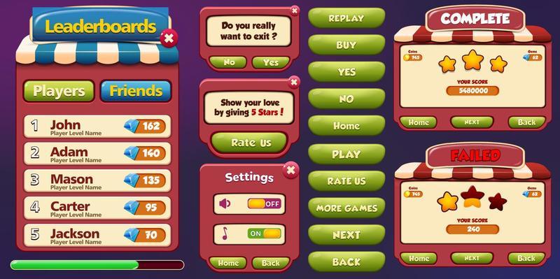 Game Ui Kit with Menus, pop up, screens and Game elements