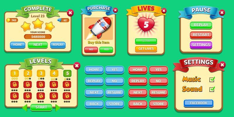 Game Ui Kit with Menus, pop up, screens and Game elements