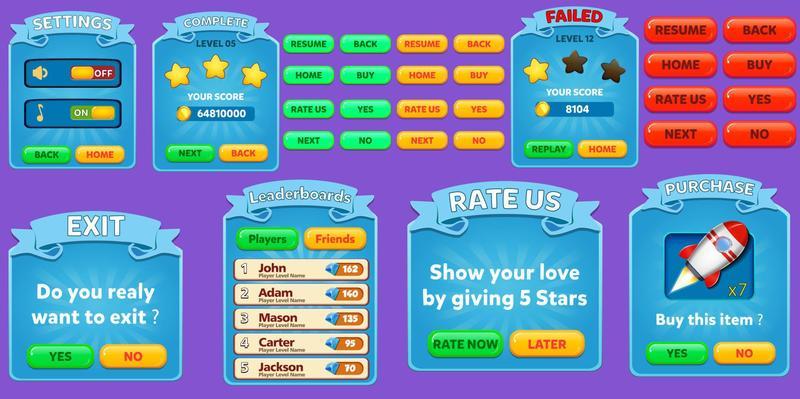 Game Ui Kit with Menus, pop up, screens and Game elements