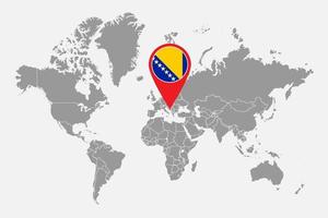 Pin map with Bosnia and Herzegovina flag on world map. Vector illustration.